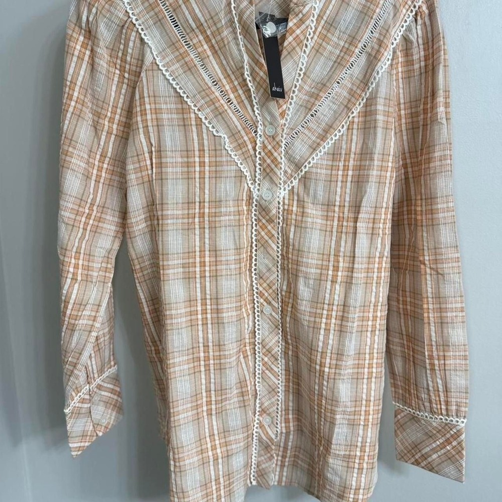 Akaiv Women's Plaid Lace Trim Long Sleeve Button Blouse Cottagecore